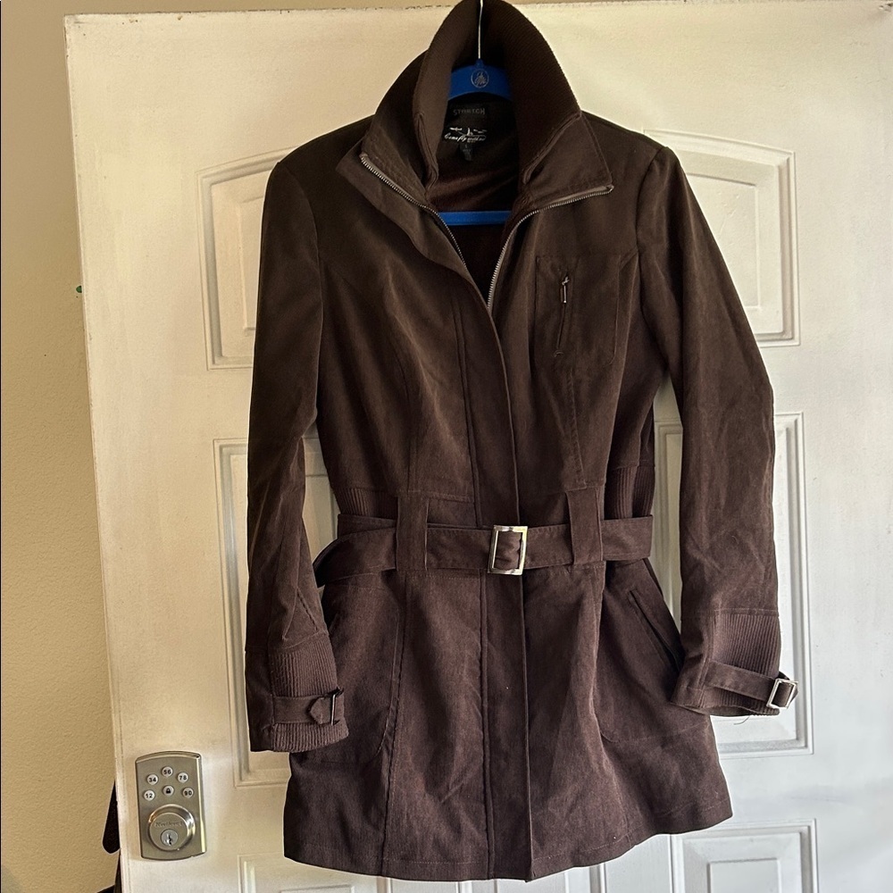 COME FLY WITH ME BY ICY BROWN BELTED  SOFT CORDUROY STAND UP COLLAR SZ S